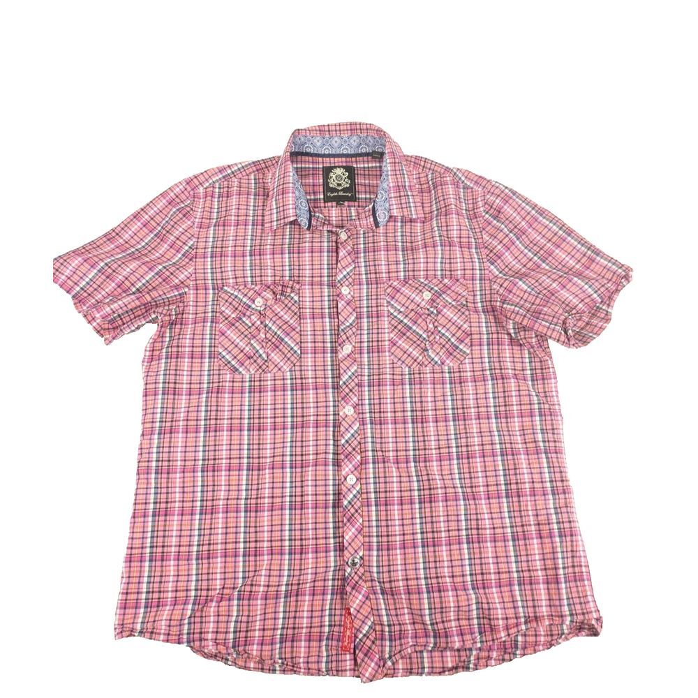 English Laundry Men's Shirt Large Short Sleeve Pink‎ Plaid Button Up